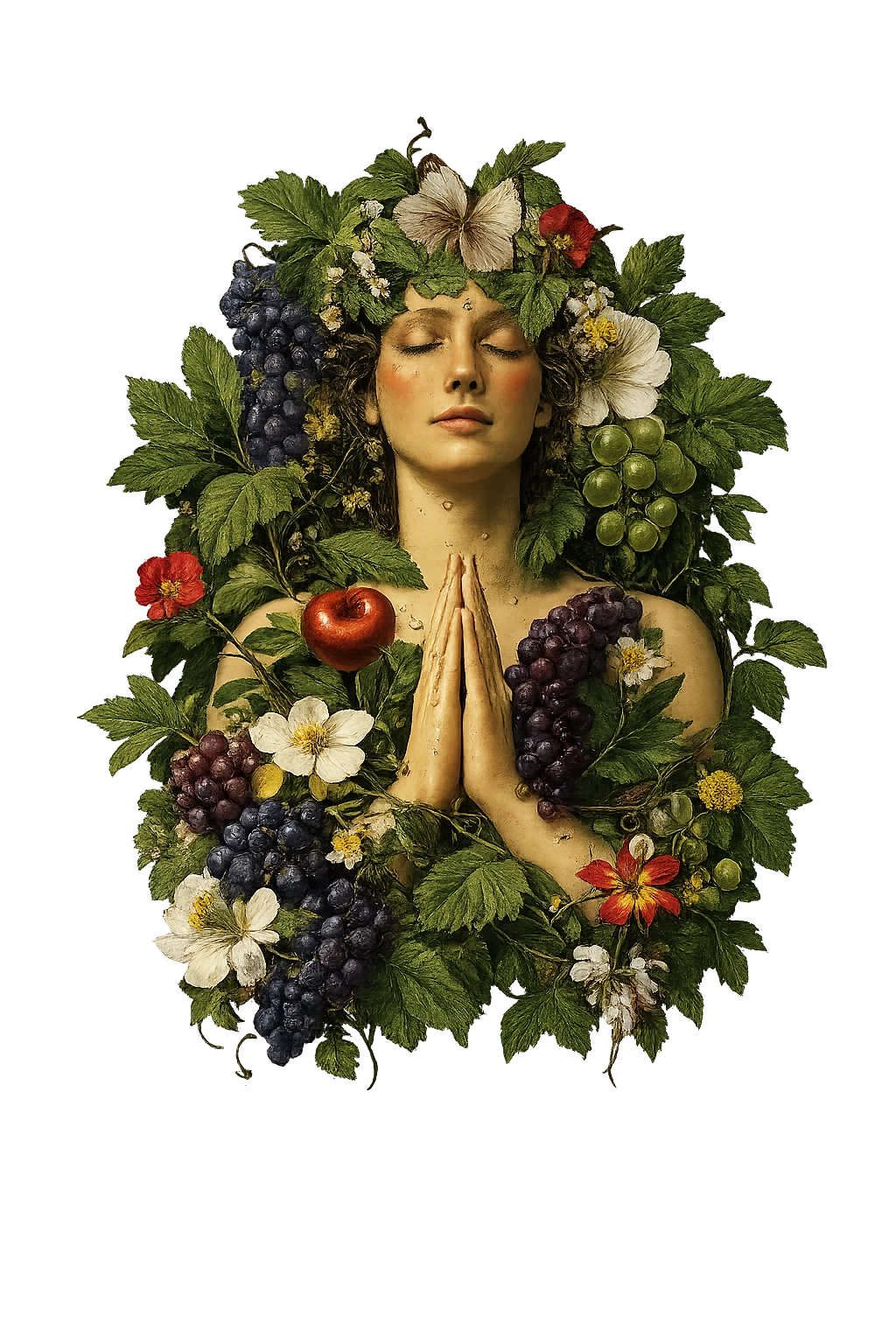 Figura rodeada de hojas, flores y frutos en una ilustración de estética clásica