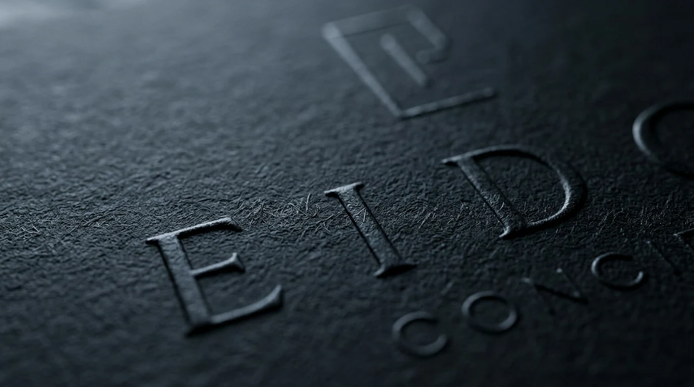 Estudio macro de tipografía en relieve sobre una superficie oscura y texturada